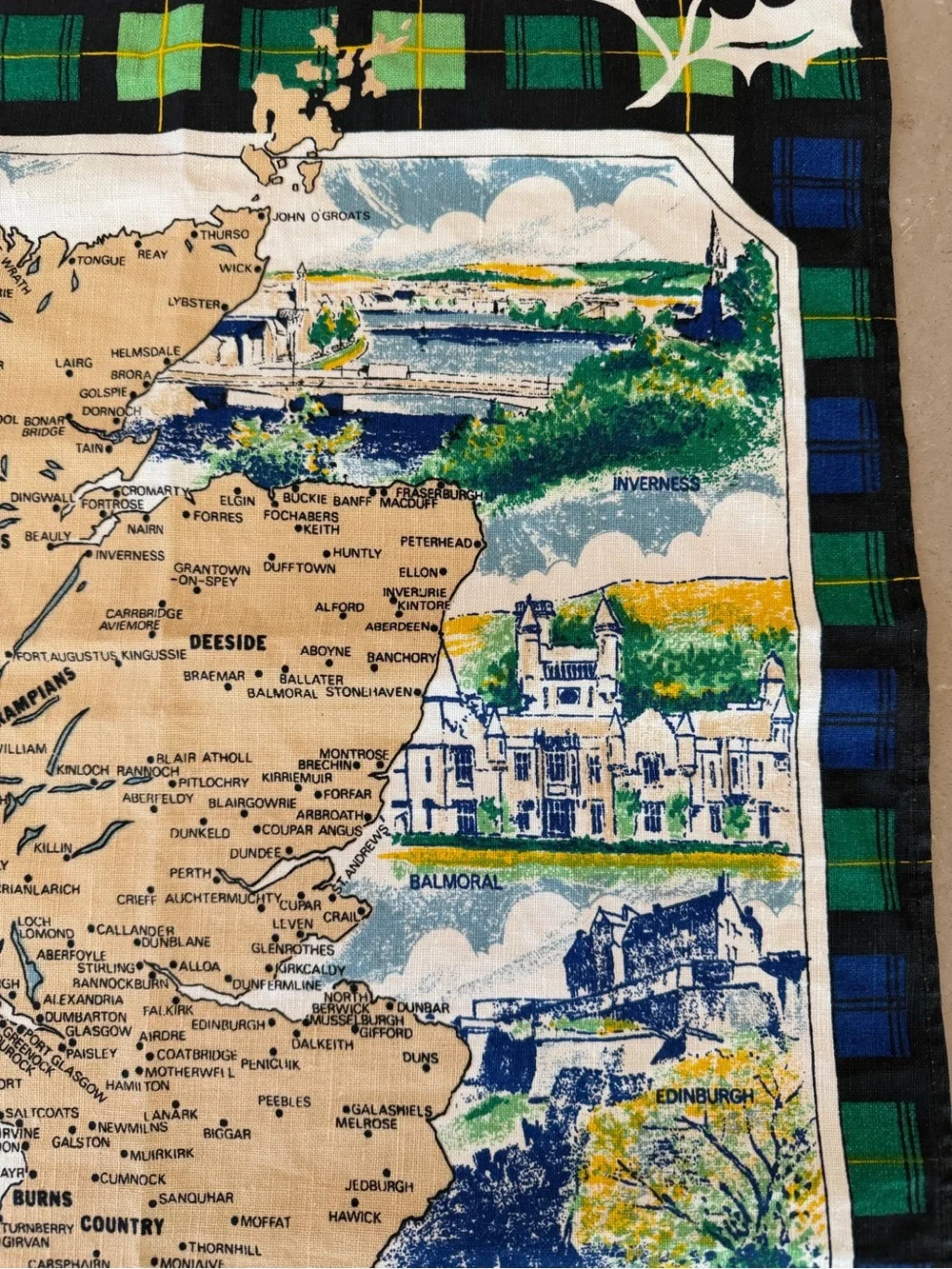 Vintage Maurice Oliphant Scotland Map Tea Towel Wall Hanging Tartan - Made in UK